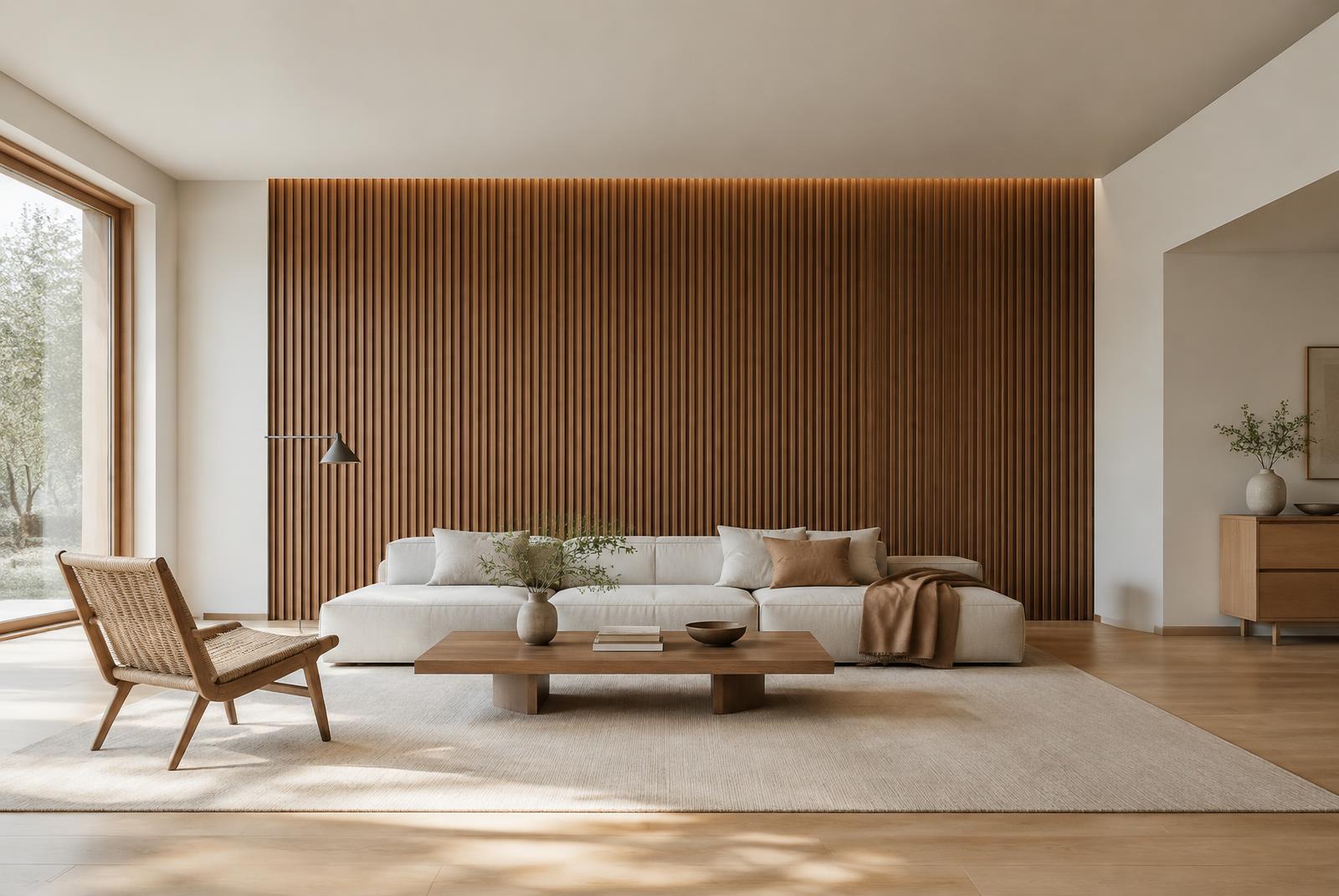 Ruang tamu modern dengan dinding aksen panel kayu WPC