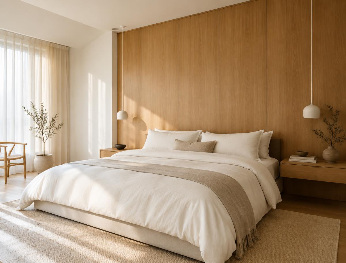 Kamar tidur minimalis dengan wallboard serat kayu di belakang tempat tidur